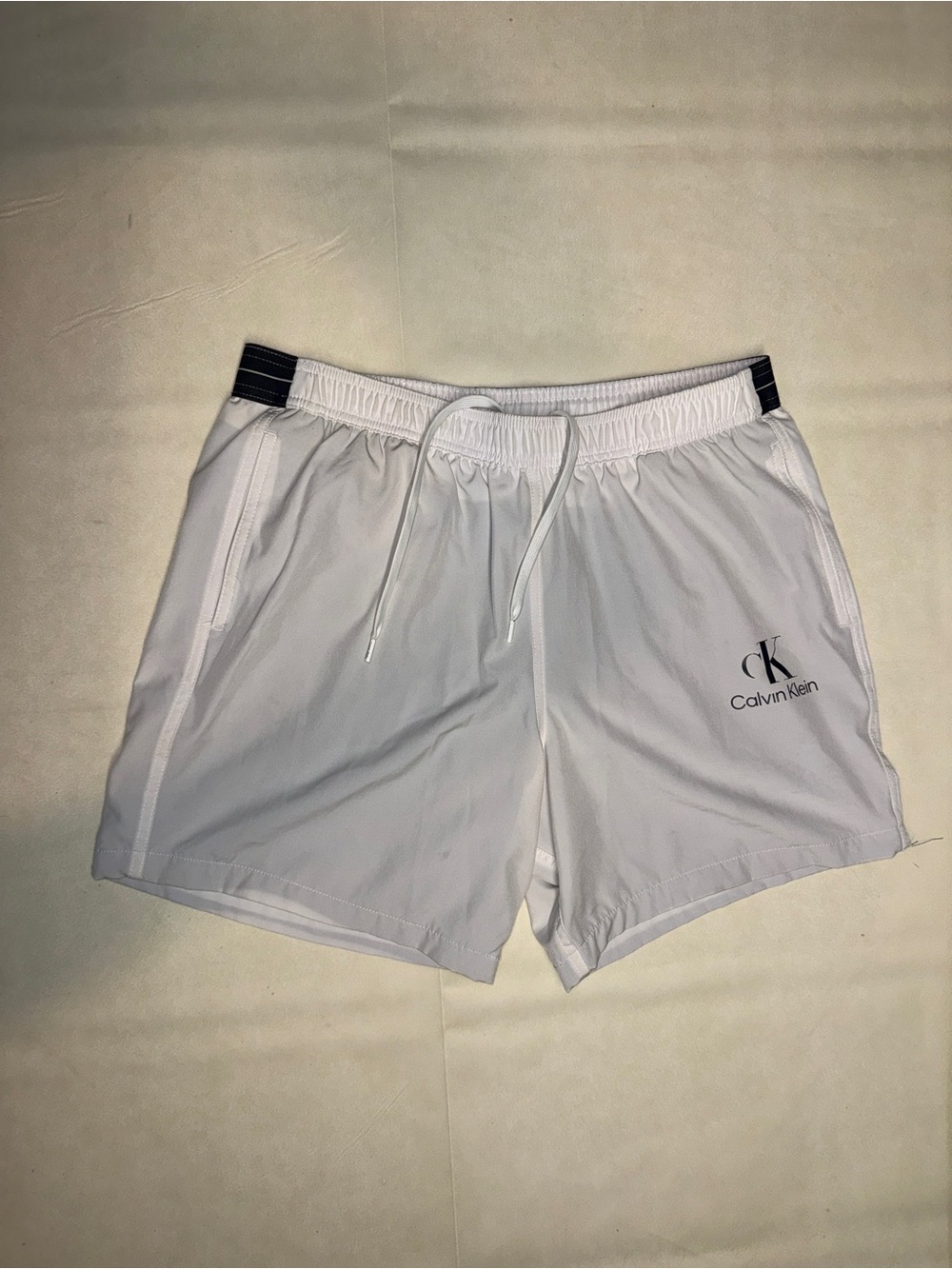Calvin Klein White Athletic Shorts with Black Waist Accents